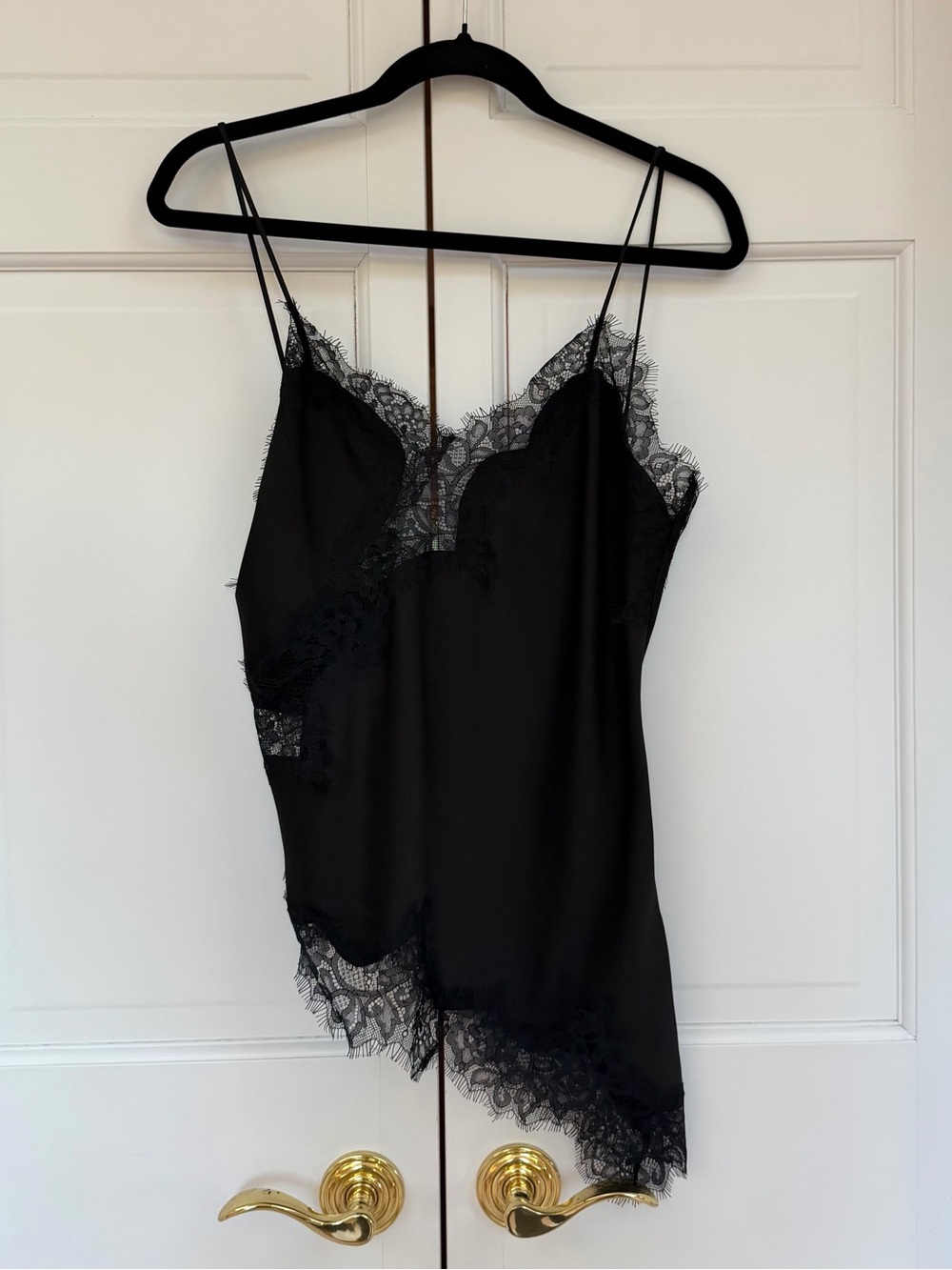 Zara Black Satin Asymmetrical Lace-Trim Cami Slip